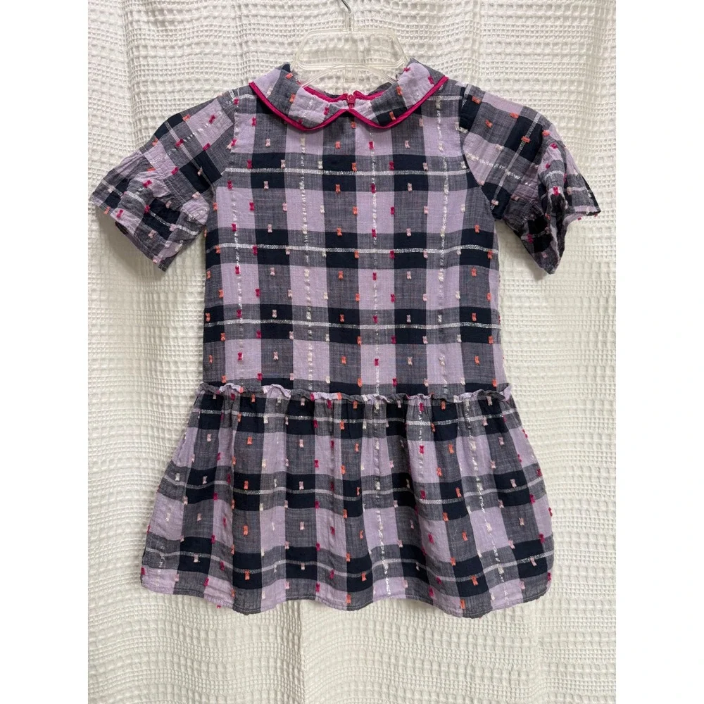 Hatley Plaid Dress Girls 6 Purple Navy Blue Good Tufted Metallic Drop Waist